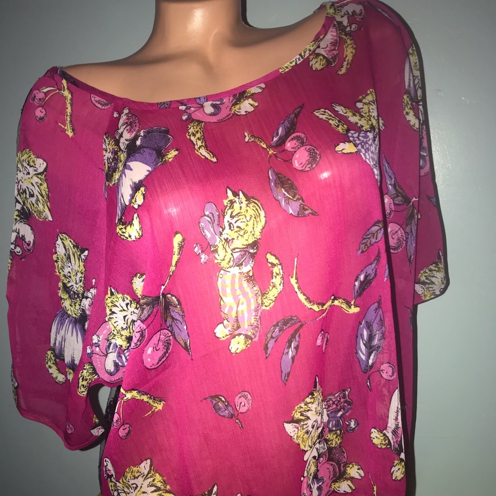 Betsey johnson Pink vintage kitten mitten cherry lace top shirt blouse sheer
